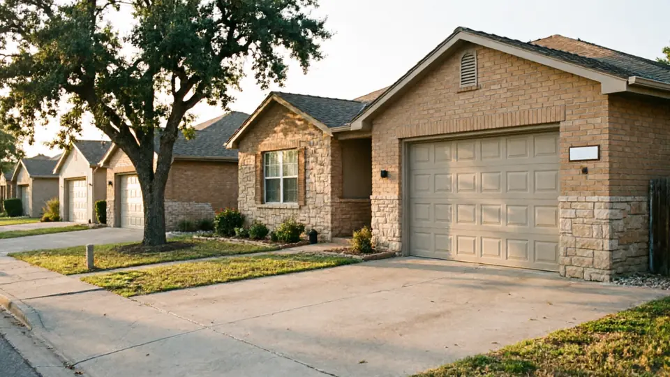 A row of houses with tan garage doors and brick and stone exteriors.