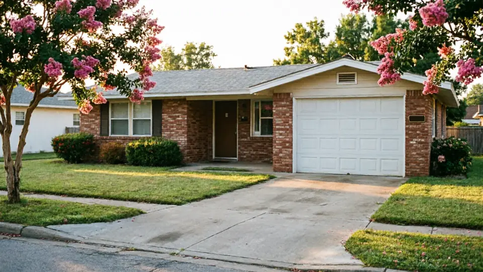 A white garage door is on a brick house with a green lawn and pink flowers.