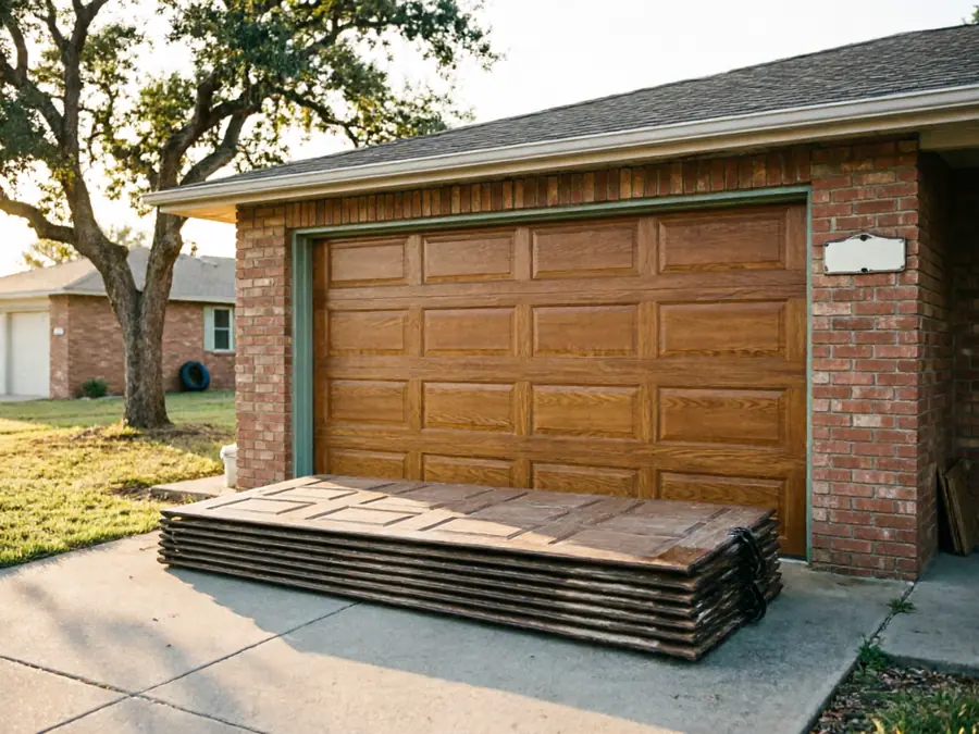 A stack of old garage door panels sits in front of a brown garage door.