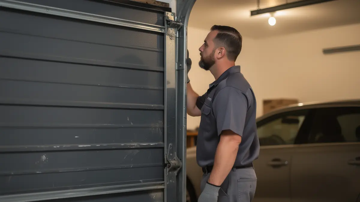 A technician in a gray shirt inspects the gray garage door track.