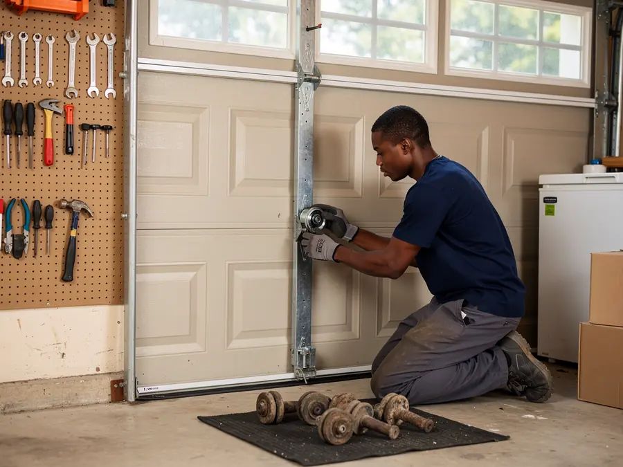 A technician kneels, working on a beige garage door with a tool board nearby.