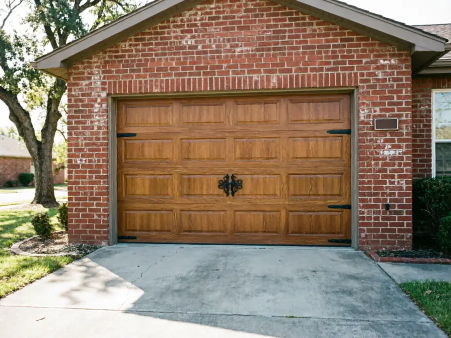 A brown wooden garage door with decorative black hardware on a brick house.